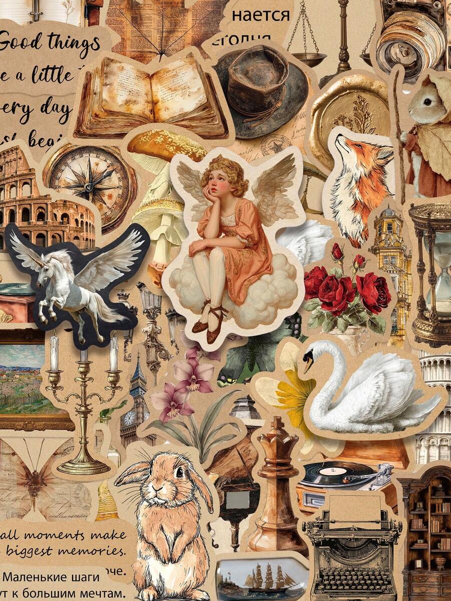 60pcs European Vintage Scrapbook Stickers, Retro Aesthetic Decorative Temporary Material Stickers, Suitable For Planner, Scrapbook, DIY Crafts, Waterproof Decorative Stickers, Can Be Used For Laptop, Notebook, Gift Wrapping - Multicolor - View 1