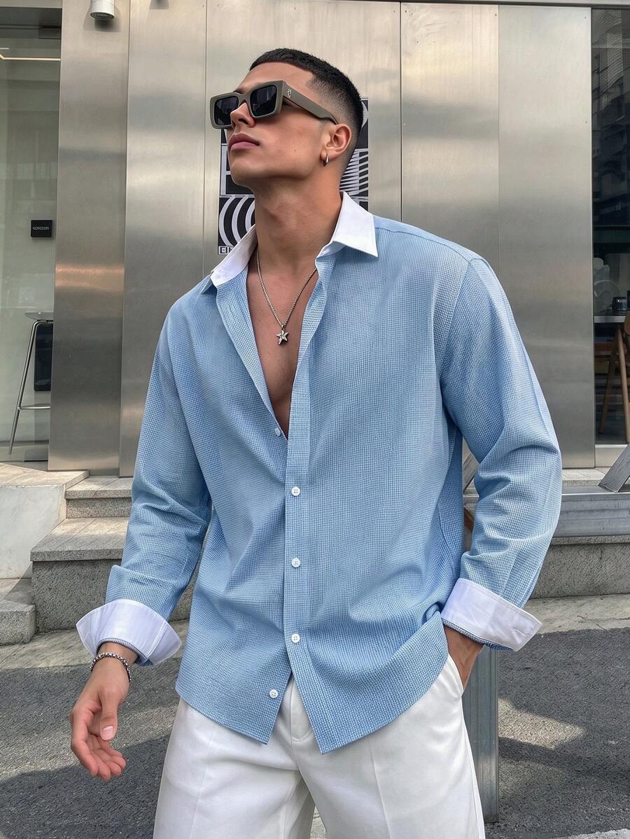 WAIT HIM Men's Business Casual Plaid Colorblock Long Sleeve Dress Shirt - Blue and White - View 1
