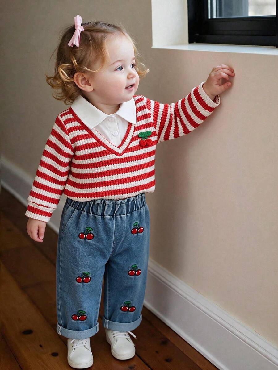 2pcs Baby Girl Casual Cute Collar Knit Top & Embroidered Denim Jeans Set, Thin Spring/Autumn - Red - View 1