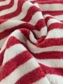 Women's Plus Size Fuzzy Knit Striped Cardigan, Comfortable Autumn/Winter Round Neck Long Sleeve Button-Front Sweater, Drop Shoulder Design, Regular Length. Red And Beige Striped Contrast Color, Full Of Vitality, Autumn/Winter Daily Wear - Red - View 9