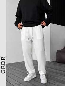 GRDR Solid Color Waffle Knit Straight Leg Sweatpants For Men, Drawstring Loose Textured Casual Long Pants - White - View 3