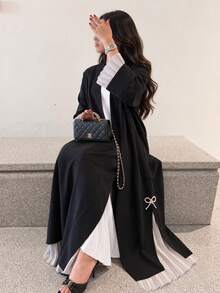 Hafizah Bata larga y suelta de unicolor para mujer con detalles de volantes blancos y decoración de lazo con perlas falsas, primavera negro otoño - Negro - Ver 7