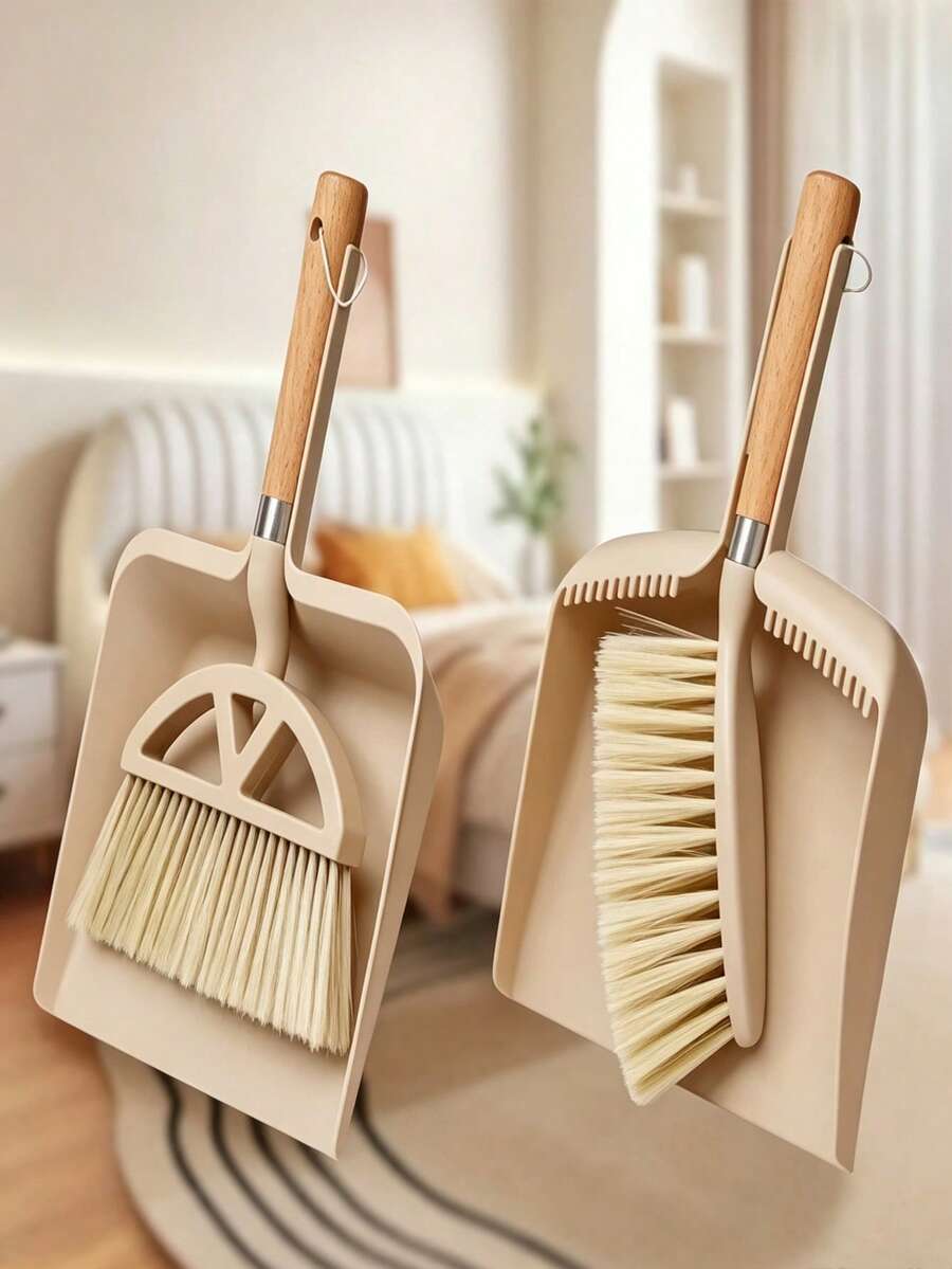 1 Set Broom And Dustpan With Wooden Handle - Compact And Lightweight, Natural Wood Color, Durable, Suitable For Cleaning Floors, Sofas And Tables, Comes With Small Brush, Ideal For Home And Commercial Use, Suitable For All Users - A - View 1