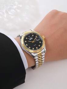 RICECGO A Men's Quartz Wristwatch With A Two-Tone Stainless Steel Bracelet And Dual Calendar Display-Perfect For Commuting, Social Gatherings, Or As A Gift - Multicolor - View 9