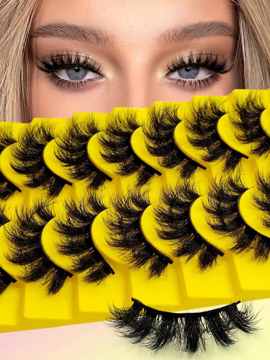 Sibeuna 10對蓬鬆濃密柔軟加厚顯眼假睫毛 Bedhead Lashes,可重複使用,適合女性與女孩,適合初學者、派對與節日眼妝禮物 - 黑色 - 查看 1