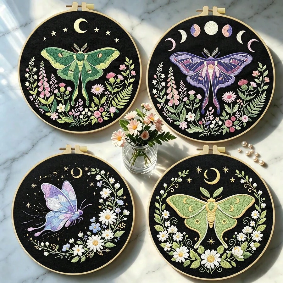 Embroidery Kit 15x15cm/5.9in Or 20x20cm/7.9in DIY Set, With Charming Butterfly Pattern. Suitable For Adult Beginners. Includes Fabric, Instructions, Embroidery Hoop, Needle And Thread. Great Gift For Friends/Family. Home Or Office Art Decor.