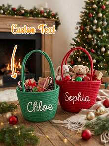 Custom Name Cotton Rope Woven Christmas Gift Basket, Handheld Storage Basket, Candy Gift Bucket, Decorative Organizer For Bedroom Living Room, Personalized Holiday Gift - Multicolor - View 1