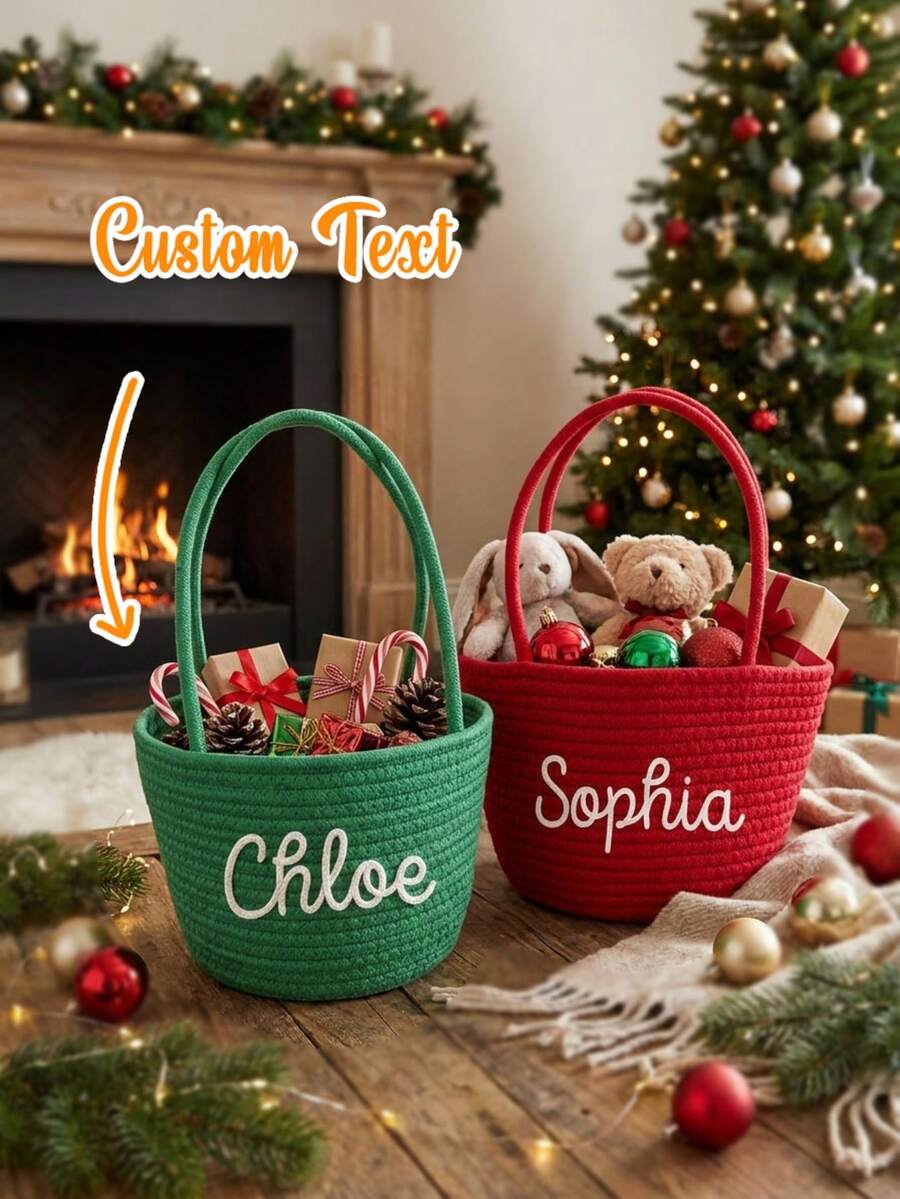 Custom Name Cotton Rope Woven Christmas Gift Basket, Handheld Storage Basket, Candy Gift Bucket, Decorative Organizer For Bedroom Living Room, Personalized Holiday Gift - Multicolor - View 1