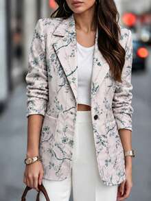 Blazer Wanita Lengan Panjang Motif Bunga dengan Kerah Terbuka, Jaket Depan Terbuka dengan Kantong Samping, Pakaian Luar Elegan untuk Kantor & Sehari-hari, Musim Semi, Musim Panas, Musim Gugur, Musim Dingin - Aprikot - View 1