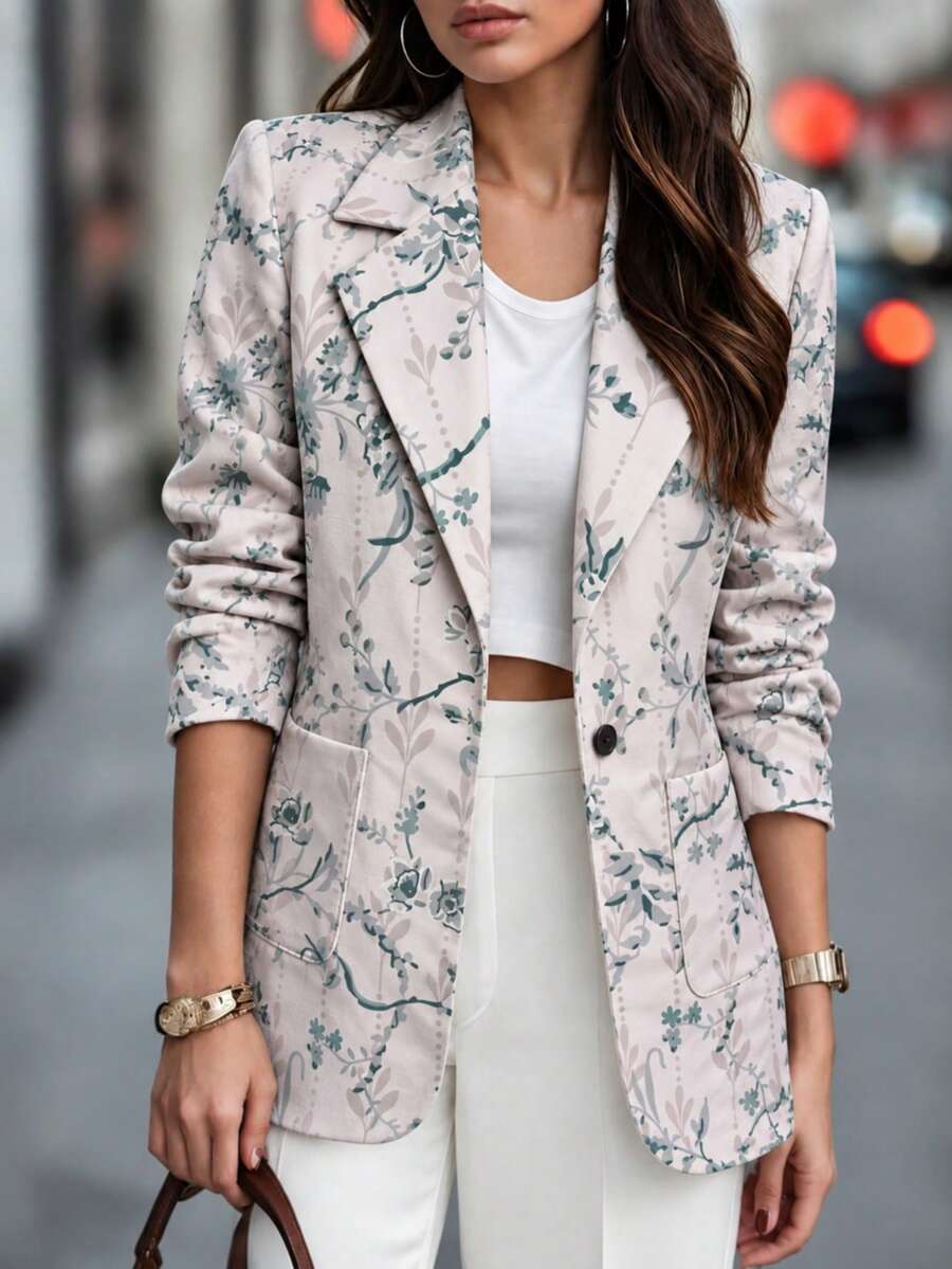Blazer Wanita Lengan Panjang Motif Bunga dengan Kerah Terbuka, Jaket Depan Terbuka dengan Kantong Samping, Pakaian Luar Elegan untuk Kantor & Sehari-hari, Musim Semi, Musim Panas, Musim Gugur, Musim Dingin - Aprikot - View 1