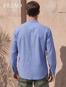 Men's Vintage Oxford Cotton Long Sleeve Shirt, Fashionable Casual Versatile, Suitable For Commuting And Vacation - Blue - View 2