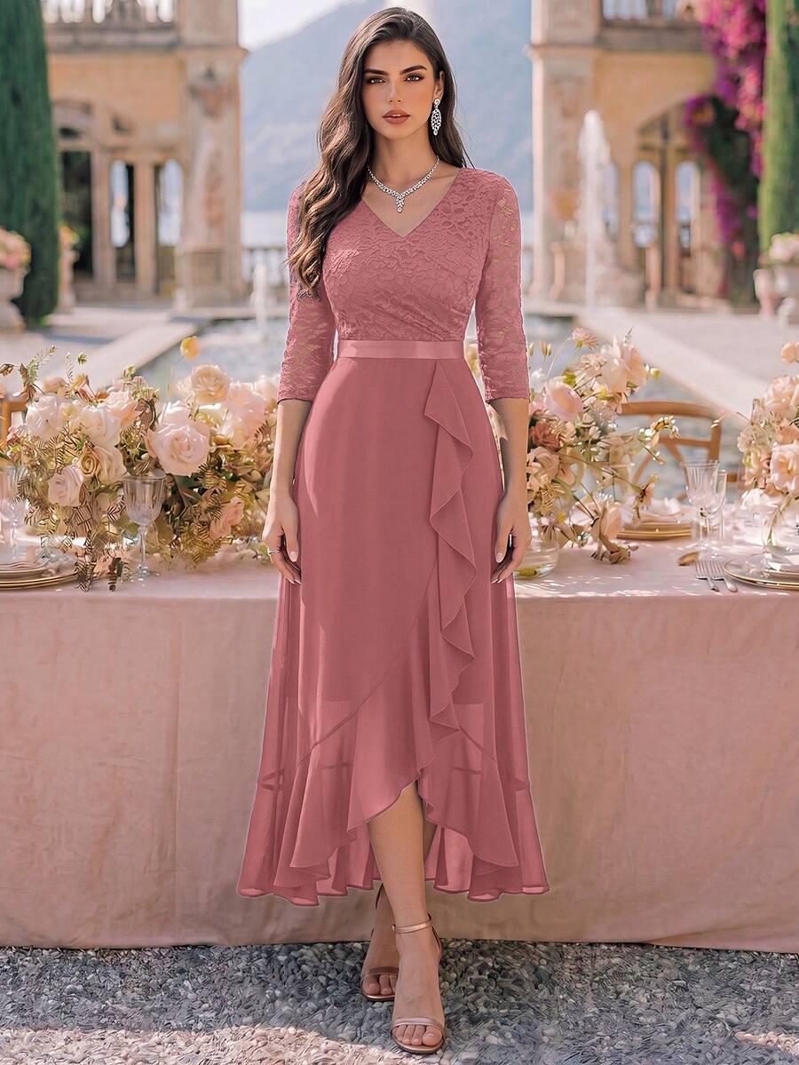 MIUSOL V Neck Floral Lace Ruffle Trim Hem Elegant Prom Party Swing Dress,Wedding Guest Dress,Summer Dress Fall - Dusty Pink - View 1