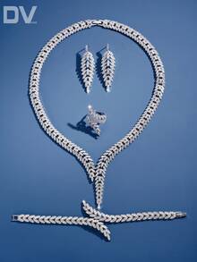 DV JEWELRY 5件組立方鋯石白金鍍層奢華項鍊、手鍊、耳環、開口戒指珠寶套裝，適合女性，優雅珠寶適用於約會、婚禮、派對、週年紀念，附禮盒包裝 - 銀色 - 查看 2