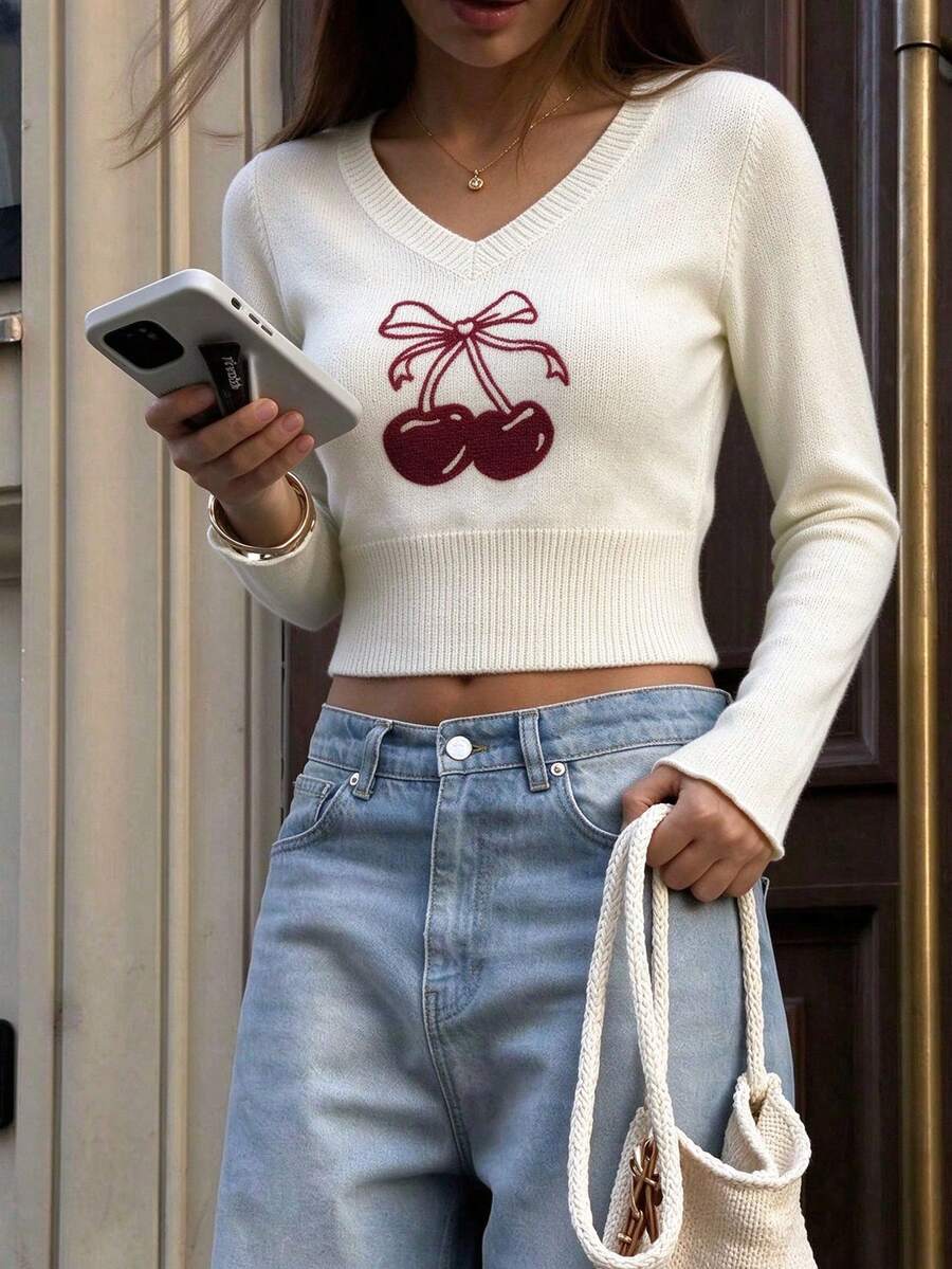 Women's V-Neck Contrast Color Cherry Print Knit Top, Cute Comfortable Slim Fit Short Sweater, Suitable For Autumn/Winter - White - View 1