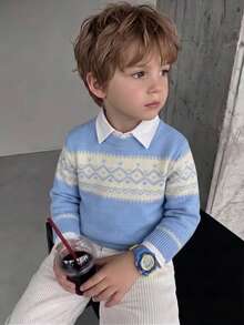 Sweater Rajut Lengan Panjang Motif Kotak-kotak Jacquard Warna Blok untuk Anak Laki-laki, Kerah Bulat, Musim Gugur dan Musim Dingin - Biru - View 1