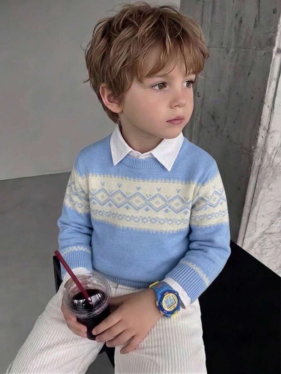 Sweater Rajut Lengan Panjang Motif Kotak-kotak Jacquard Warna Blok untuk Anak Laki-laki, Kerah Bulat, Musim Gugur dan Musim Dingin - Biru - View 1