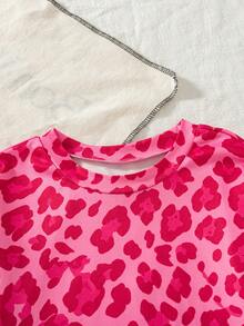 Girls' Casual Fashion Fuchsia Random Print Large Scoop Neck Long Sleeve T-Shirt Top, Spring/Autumn - Hot Pink - View 4