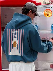 Men's Fleece Hoodie With Duck Print And Vertical Stripes, "WHAT THE" Text, Y2K Style, Autumn/Winter - Cow Blue - View 10