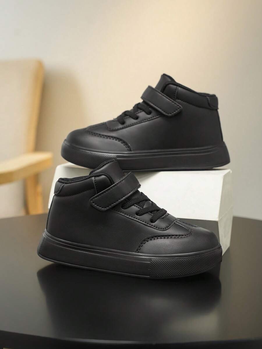 Best-Seller Kids Solid Color High-Top Flat Sneakers, PU Upper Hook & Loop Soft Sole Boys & Girls Casual Sports Shoes