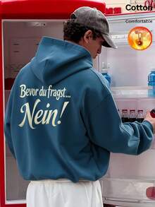Men's Fleece Hooded Sweatshirt, Back Print "Bevor Du Fragst... Nein!", Y2K Style, Autumn/Winter - Cow Blue - View 1