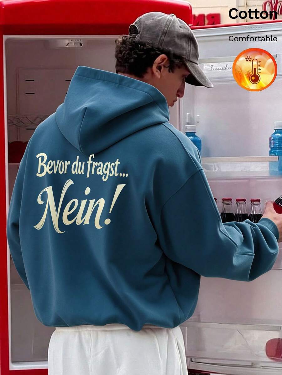 Men's Fleece Hooded Sweatshirt, Back Print "Bevor Du Fragst... Nein!", Y2K Style, Autumn/Winter - Cow Blue - View 1
