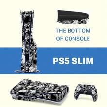 Slim Sticker Set, Black And White Skull Pattern Waterproof Scratch-Resistant Self-Adhesive Vinyl Game Console Skin, Removable No Residue, Includes Full Console + 2 Controller Decorative Films - View 9