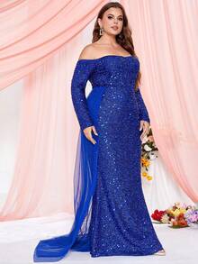 Plus Size Women's Charming Royal Blue Sequin Mesh Patchwork Straight Neck Long Sleeve Holiday Evening Party Gown - Blue - View 4