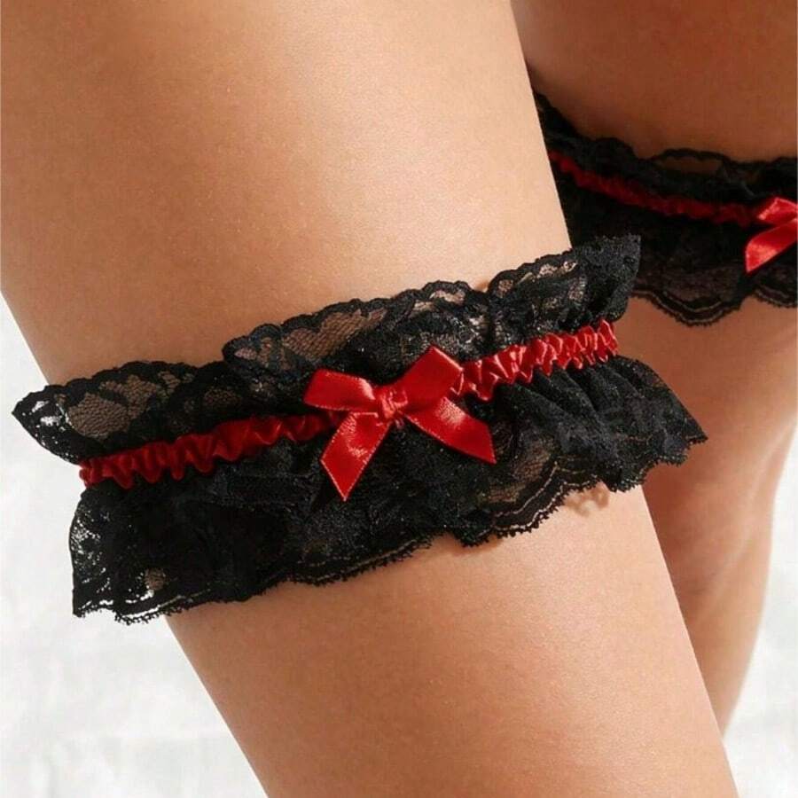 1pc Bridal Lace Bow Black & Red Elastic Thigh Garter, Daily Wear Leg Accessory, Sweet & Spicy Leg Decoration - Multicolor - View 1