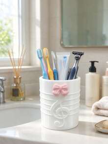2pcs/1pc Cute Pink Bow Multipurpose Storage Cup, Treble Clef Embossed Makeup Brush Holder, White Desktop Vanity Organizer, Can Be Used As Toothbrush Holder & Pen Holder For Bathroom Desk - Multicolor - View 4