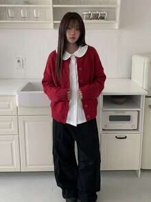 Women's Autumn/Winter Solid Color Drop Shoulder Long Sleeve Single-Breasted Casual Loose Cardigan - Red - View 8