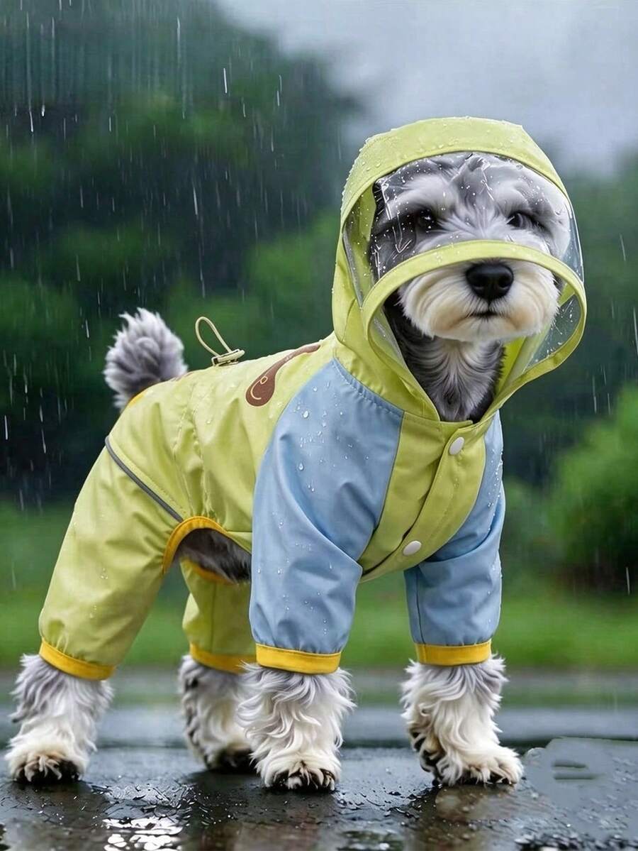 Hooded 4-Legged Pet Raincoat With Clear Visor, Waterproof Fabric, Detachable Tail Cover, Day & Night Reflective Strips, Built-In Back D-Ring For Leash, Cartoon Rain Jacket For Small Medium Dogs & Cats, All Season - Green - View 1