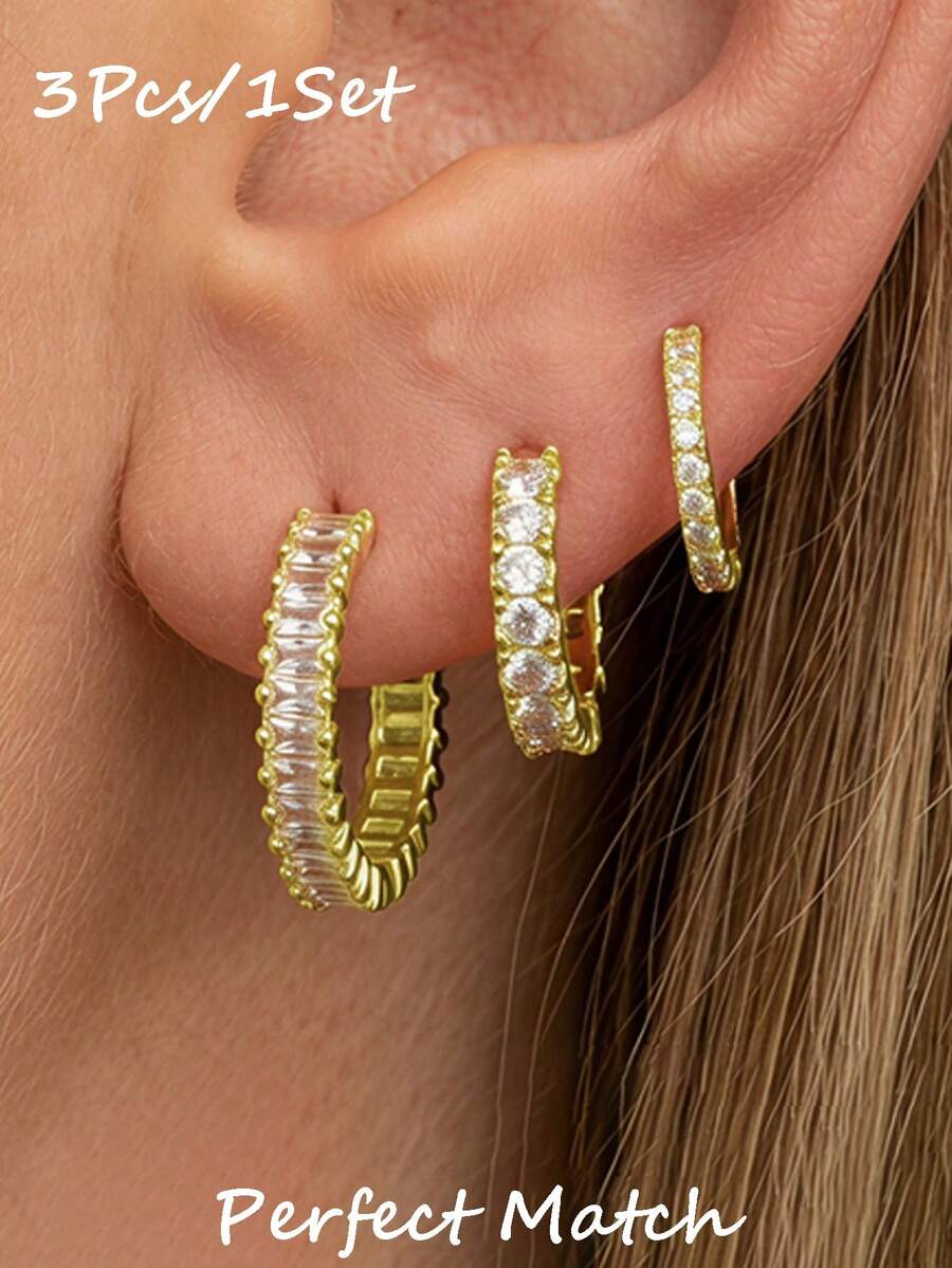 3pcs Women's Earring Set Gold Copper Inlaid CZ Luxury Style Earrings Suitable For Party, Gathering, Ball - Multicolor - View 1