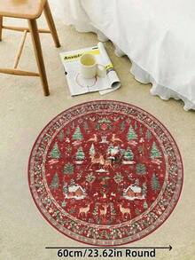 1pc Santa Claus & Reindeer Christmas Celebration Round Rug, Soft, Absorbent, Non-Slip, Suitable For Living Room, Study, Game Room, Bedroom, Christmas Home Decor - Red - View 15