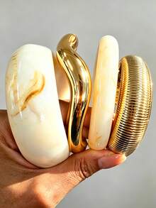 4/1pc Vintage Exaggerated Fashion Old Money Style Resin And CCB Asymmetrical Twisted Bracelet Set, Suitable For Women's Daily Casual, Party, Gathering Wear And Gift - Multicolor - View 2