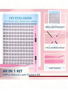168 Pcs 9-12mm D Curl DIY Eyelash Extension Kit, Beginner Cluster Lash Extension Kit With Glue, Sealant And Tools, For Home Use, Suitable For Daily, Travel, Party And Wedding Makeup, High-End Christmas And Halloween Gift - Black - View 3