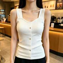 Button-Down Winter Vest Base Layer, Beautiful Back Design, Body-Shaping, Sleeveless, First Heat, Slimming Effect, Winter Jacket, Autumn/Winter - White - View 3