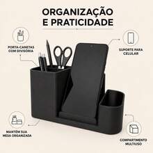 Organizador de Mesa 3 em 1 Porta Canetas Suporte para Celular e Objetos Escritório - Preto - Visão 2