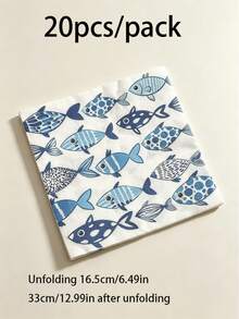 1/2 Packs Of Hand Drawn Blue Fish Printed Napkins, Fresh Ocean Style Afternoon Tea, Beach Party Disposable Handkerchief Paper - Multicolor - View 7
