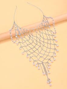STONEFANS 1pc New Vintage Mesh Headband European American Luxury Pearl Hair Accessory Stage Performance Decoration For Women Hair Chain - Silver - View 5