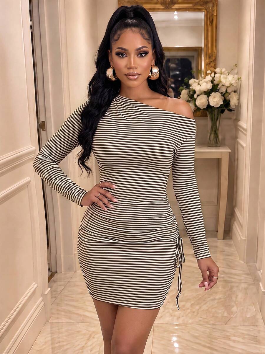 Women's Striped Asymmetrical Neck Bodycon Dress Long Sleeve Split Hem Short Knitted Elegant Mini Dress - Brown - View 1