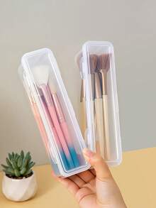 1/2pcs Transparent Makeup Brush Storage Box, Transparent Flip Lid Storage Box, Portable Makeup Brush Storage Box, Suitable For Travel And Home Use Makeup Storage Bag, Back To School Essential, Travel Essential, Summer Vacation Essential - Multicolor - View 1