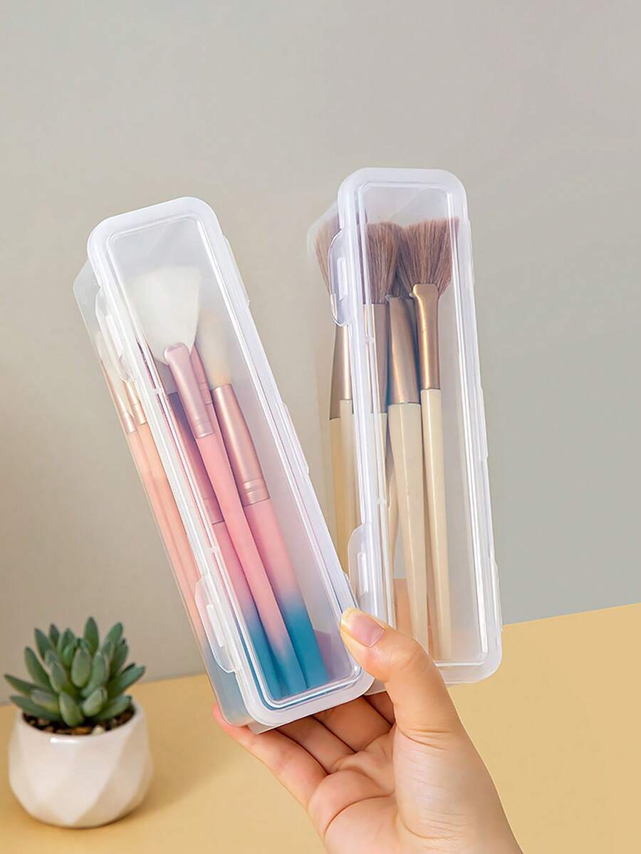 1/2pcs Transparent Makeup Brush Storage Box, Transparent Flip Lid Storage Box, Portable Makeup Brush Storage Box, Suitable For Travel And Home Use Makeup Storage Bag, Back To School Essential, Travel Essential, Summer Vacation Essential - Multicolor - View 1