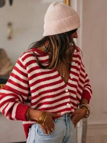 Women's Plus Size Fuzzy Knit Striped Cardigan, Comfortable Autumn/Winter Round Neck Long Sleeve Button-Front Sweater, Drop Shoulder Design, Regular Length. Red And Beige Striped Contrast Color, Full Of Vitality, Autumn/Winter Daily Wear - Red - View 7