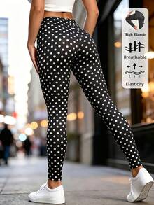 1 paquete de Leggings de Alta Elasticidad con Lunares y Rayas Negras para Mujer, Pantalones de Capa Base de unicolor, Cómodos para Deportes, Entrenamiento, Yoga, Hogar, Caminar, Uso Diario, Largo 9/10 - Multicolor - Ver 10
