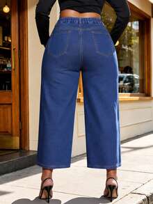 Y2K Style Plus Size Women's Short Denim Jeans, Loose Wide Leg Denim Pants, Comfortable Non-Stretch - Blue - View 2