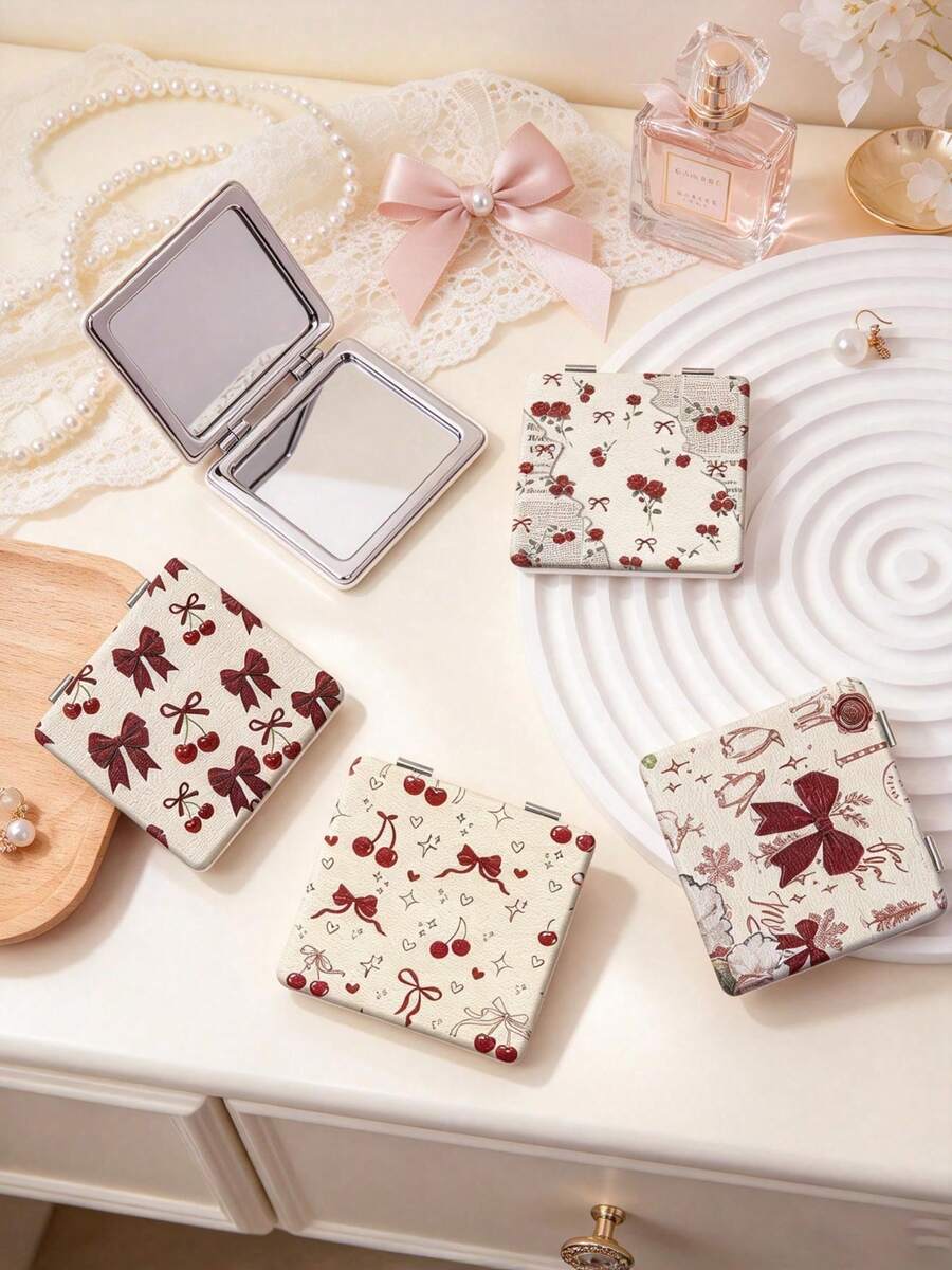 1PC Millennium Y2K Series Portable Vanity Mirror, Foldable Lightweight Ultra-Thin Convenient Hand Mirror, PU Leather, Suitable For Multiple Scenarios And All People, Foldable Small Square Mirror, Pocket Mirror, Cartoon Bow Rose Cherry Letter Print Pattern Design, Exquisite Handheld 180° Flip Cover Multi-Function Mini Mirror - Multicolor - View 1