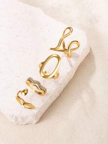 4pcs Minimalist Luxury Stainless Steel Gold Rings Set, Wavy Hollow Rhinestone Design, Suitable For Women's Daily, Date, Holiday, Engagement, Wedding, Gift Jewelry - Gold - View 2