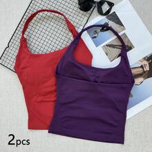2pcs Seamless Long Camisole Tank Top For Women With Removable Bra Cups, Sports Yoga Top Summer - Multicolor - View 13