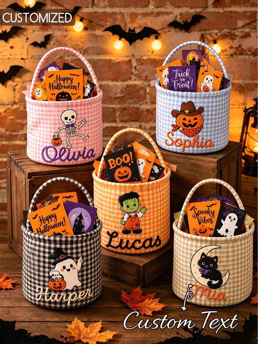 Customized Name Halloween Trick Or Treat Bucket, Orange Plaid Pattern Portable Candy Basket, Personalized Text, Halloween Party Gift Candy Bucket - Multicolor - View 1