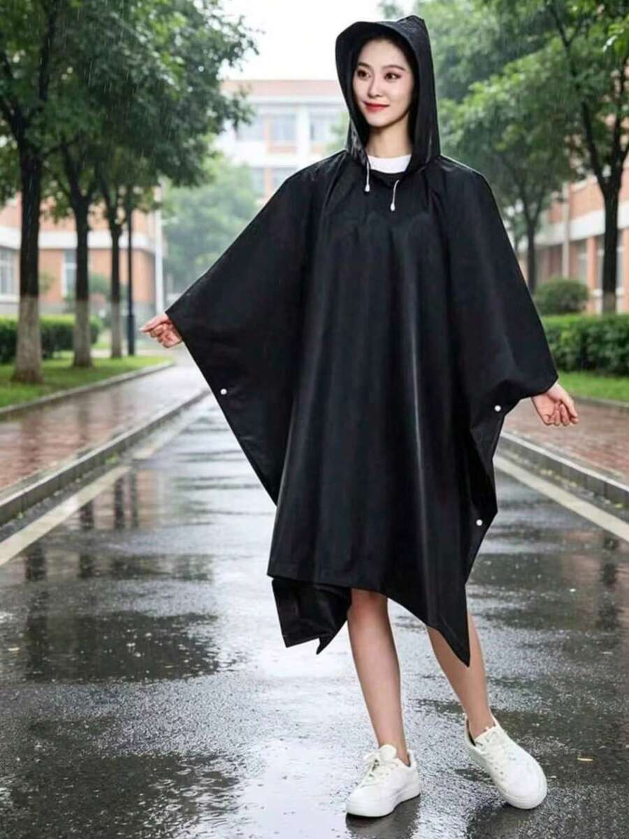 Jas Hujan Kasual Unisex Warna Polos dengan Tudung, Ponco Hujan Lengan Panjang dengan Tudung, Jaket Tahan Air untuk Aktivitas Luar Ruangan - A - View 1